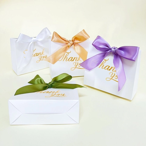 Minimalist Gold Foil Thank You Gift Candy Box With Satin Ribbon For Wedding Party Favor Souvenir White Cardstock Packaging