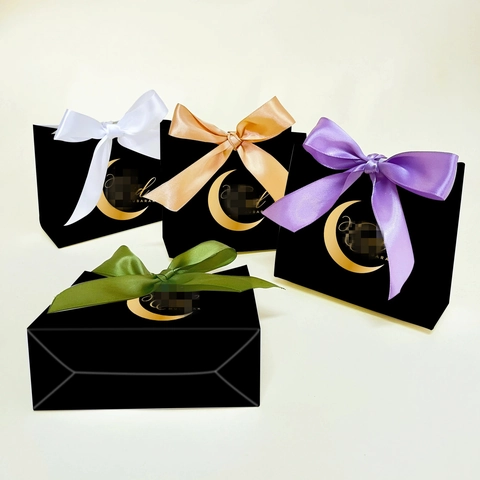 Eid Mubarak Moon Star Pattern Gift Box With Satin Ribbon Bow Hot Stamping Paper Candy Packaging Box For Eid Party Favors Decorations
