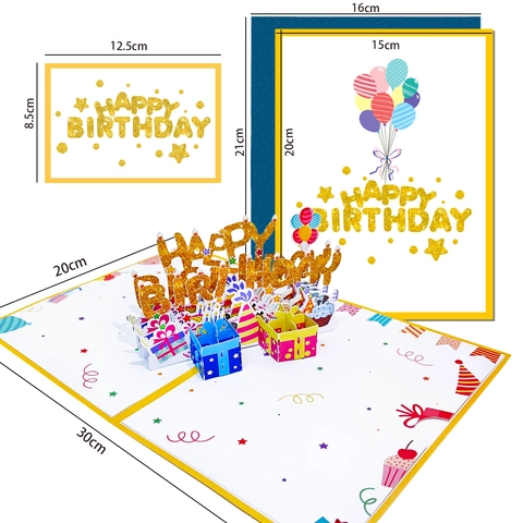 Set Biglietti Auguri Compleanno 3D Pop-up Con Busta Glitter Oro Happy Birthday Cartoncino Per Regalo Festa