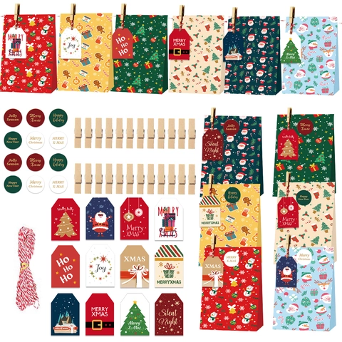Weihnachten Adventskalender Papiertüten Mit Holzklipps Anhängern Aufklebern Und Baumwollseil Für Urlaubs Süßigkeiten Verpackung Festliche Deko
