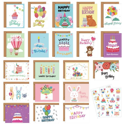 Cartoon Happy Birthday Greeting Cards With Envelopes And Stickers Cute Animals Cake Pattern Message Cards For Kids Friends Party Stationery