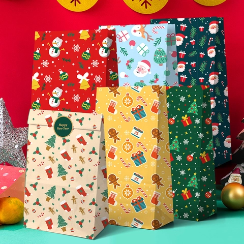 Kerst Papier Cadeauzakjes Met Ronde Stickers Kerstman Sneeuwpop Rendier Patronen Feestelijke Vakantie Feest Verpakking Benodigdheden