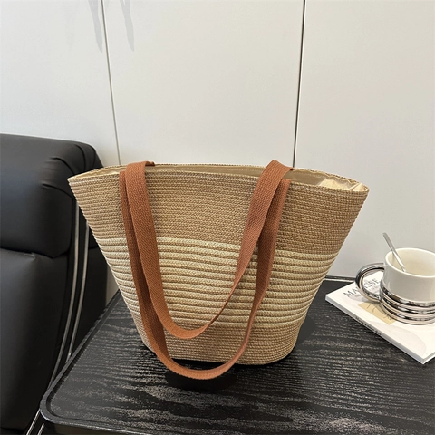 Borsa Tote Casual in Paglia Intrecciata da Donna a Righe a Contrasto Borsa a Spalla Estiva per Spiaggia Minimalista Vacanza