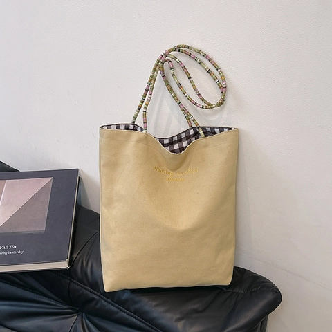 Bolso Tote de Lona Vintage para Mujer Gran Capacidad Cuadros Color de Contraste Bolso de Hombro Con Correa Tejida Multicolor