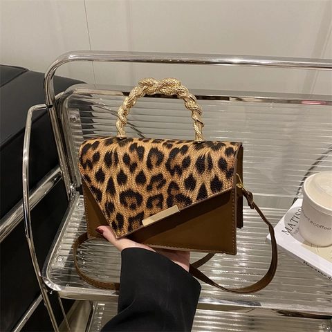 Fashion Leopard Print Splicing Shoulder Bag For Women Gold Metal Handle Square Crossbody Handbag Commuter Chic Daily Purse