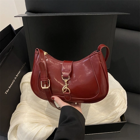 Bolso de Axila de Cuero PU de Moda para Mujer Bolso de Hombro Hobo de Media Luna Minimalista Con Hebilla de Metal Color Sólido