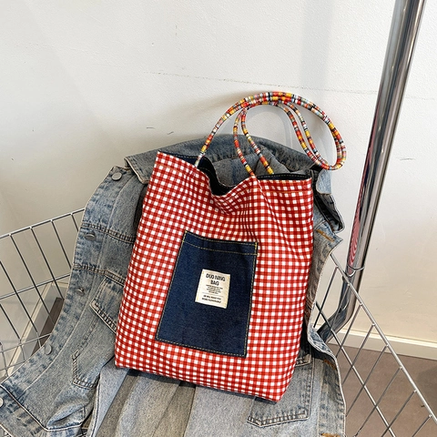 Fashion Women Reversible Denim Canvas Tote Bag Retro Red White Gingham Shoulder Bag With Braided Handle Casual Commuter Handbag