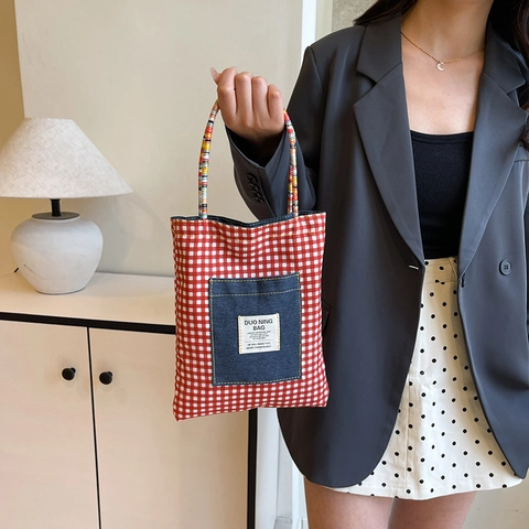 Fashion Women Reversible Denim Canvas Tote Bag Retro Red White Gingham Shoulder Bag With Braided Handle Casual Commuter Handbag