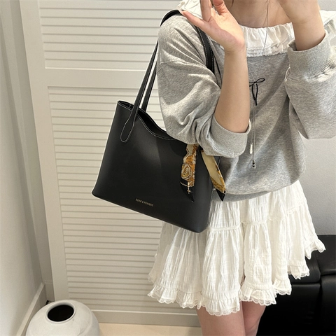 Borsa Tote in Pelle PU Vintage di Grande Capacità per Donna Con Decorazione a Sciarpa in Seta Cuciture a Contrasto Semplice Borsa a Tracolla