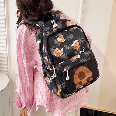Cute Capybara Print Backpack For Girls Students Large Capacity Nylon Schoolbag Cartoon Animal Travel Backpack Casual Teenager Daypack