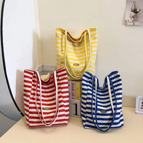 Women Striped Canvas Tote Bag Preppy Large Capacity Shoulder Handbag With Metal Tag For Casual Shopping Daily Travel