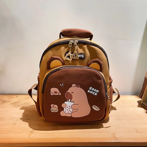 Simpatico Zaino per Bambini con Stampa Capybara Cartone Animato in Nylon a Contrasto Borsa da Scuola per Ragazzi Ragazze