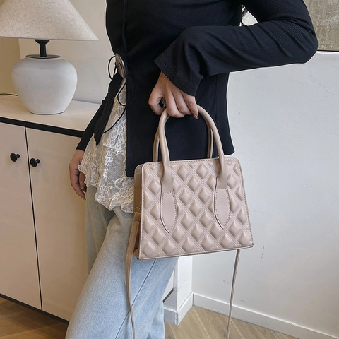Borsa a Tracolla da Donna alla Moda Trapuntata a Rombi in Pelle PU Piccola Quadrata con Manico Superiore e Tracolla