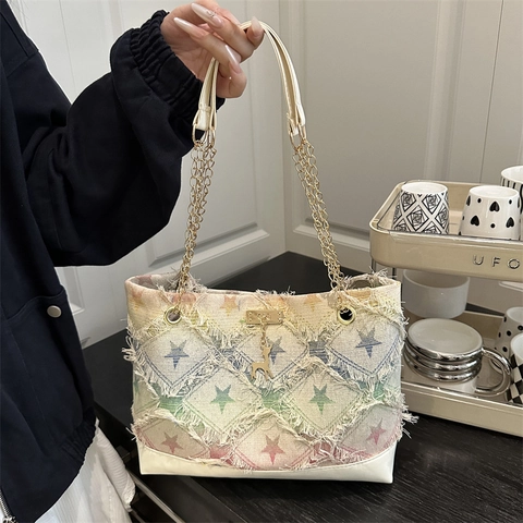 Women French Retro Canvas Tote Bag Large Capacity Chain Shoulder Bag With Fringe Checkerboard Star Pattern Deer Pendant