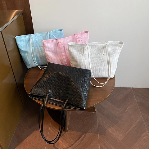 Bolso Tote Tejido de Gran Capacidad para Mujer Informal Elegante Color Sólido Cuero PU Bolso de Hombro Elegante Diario