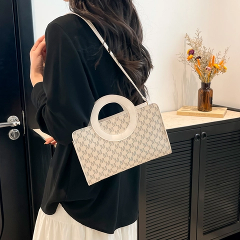 Retro Monogramm Handtasche Damen PU Leder Schultertasche Runder Griff Koreanische Mode Kleine Quadratische Umhängetasche