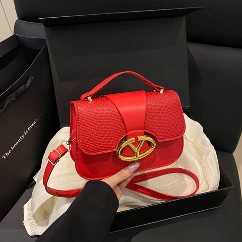 Bolso de Silla para Mujer de Cuero PU con Empalme Tejido Bolso de Hombro Retro de Moda Con Hebilla de Metal Dorado Logo V Bolso Bandolera Casual Diario Bolso de Mano Satchel Pequeño