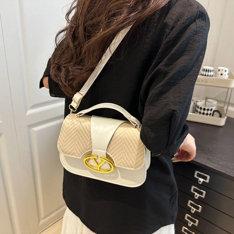 Bolso de Silla para Mujer de Cuero PU con Empalme Tejido Bolso de Hombro Retro de Moda Con Hebilla de Metal Dorado Logo V Bolso Bandolera Casual Diario Bolso de Mano Satchel Pequeño