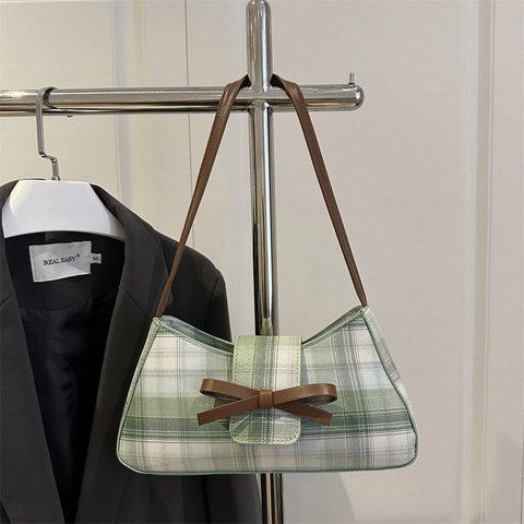 Sac Sous Le Bras Baguette À Carreaux Pour Femmes Tissu PU Cuir Noeud Rétro Style Coréen Sac À Épaule