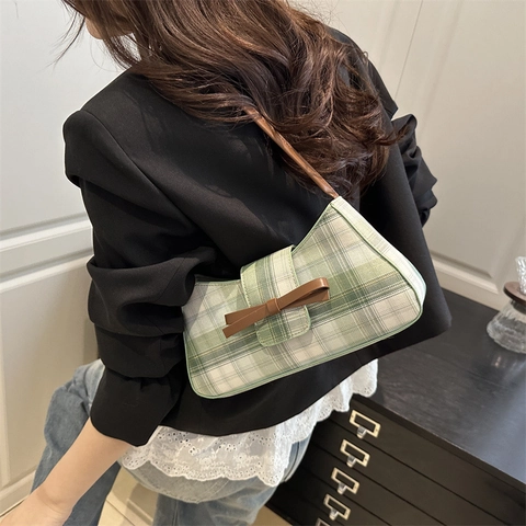 Sac Sous Le Bras Baguette À Carreaux Pour Femmes Tissu PU Cuir Noeud Rétro Style Coréen Sac À Épaule