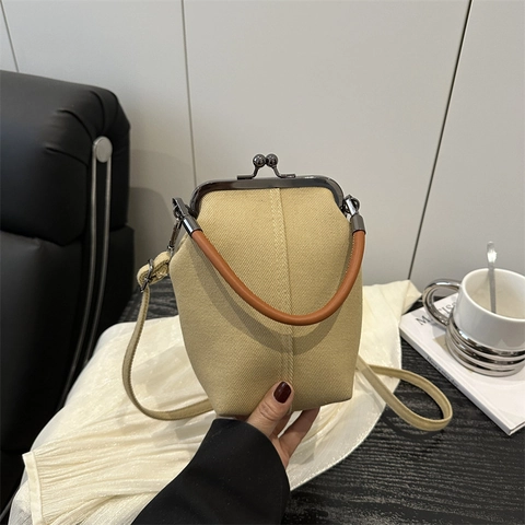 Vintage Denim Kiss-lock Tas Voor Vrouwen Denim Crossbody Tas Met Handvat Mode Street Casual Kleine Schoudertas Stiksels