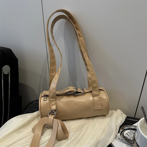 Trendy Women Underarm Barrel Bag PU Leather Shoulder Bag With Bowknot Buckle Decoration Sweet Commuter Handbag