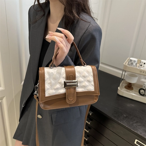 Quilted PU Leather Handbag Small Square Crossbody Bag Women Fashion Color Block Shoulder Purse With Metal Buckle And Handle