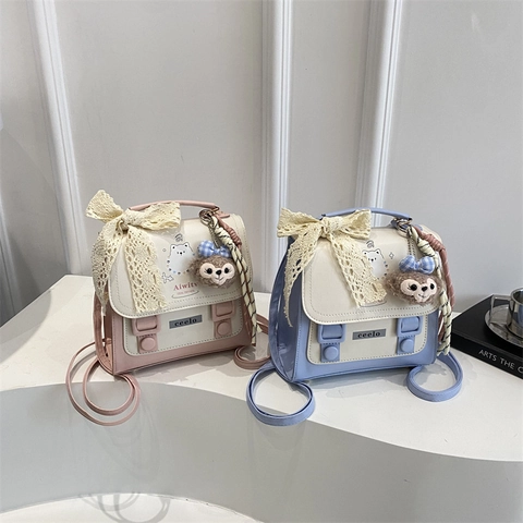 Mini Sac à Dos en Cuir PU pour Filles Nœud en Dentelle Douce Couture Couleur Contrastée Ours Dessin Animé Sac d'école Enfants Ados Sac Bandoulière