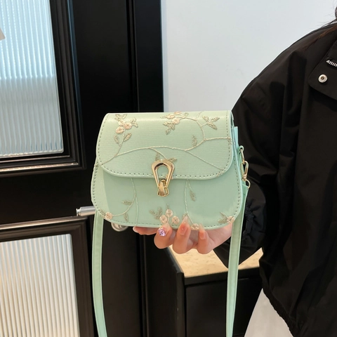 Borsa a Tracolla Donna con Ricamo Floreale Vintage in Pelle PU Borsa a Spalla Piccola Borsa Quadrata con Patta e Chiusura in Metallo Oro Elegante
