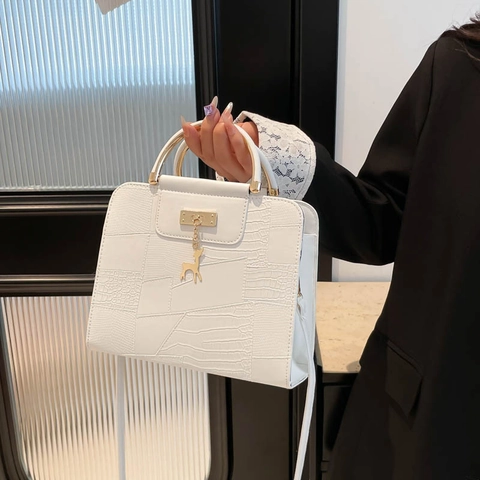Krokodilmuster PU Leder Damen Quadratische Handtasche Mit Metallgriff Und Hirschanhänger Pendler Schulter Umhängetasche