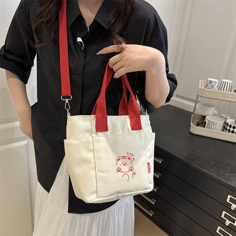 Borsa a Tracolla in Tela a Contrasto da Donna Borsa a Mano con Stampa di Orso Cartone Animato con Tracolla Regolabile