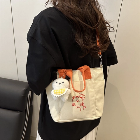 Borsa a Tracolla in Tela a Contrasto da Donna Borsa a Mano con Stampa di Orso Cartone Animato con Tracolla Regolabile