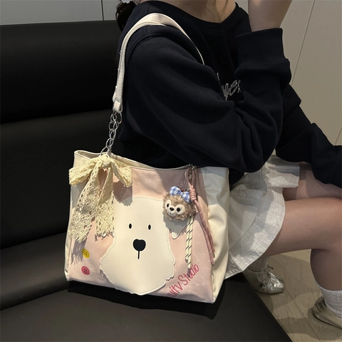 Borsa Tote con Patchwork di Cane Cartone Animato Fiocco in Pizzo Borsa a Mano a Spalla Singola Con Ciondolo in Peluche Pelle PU Donna