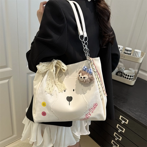 Borsa Tote con Patchwork di Cane Cartone Animato Fiocco in Pizzo Borsa a Mano a Spalla Singola Con Ciondolo in Peluche Pelle PU Donna