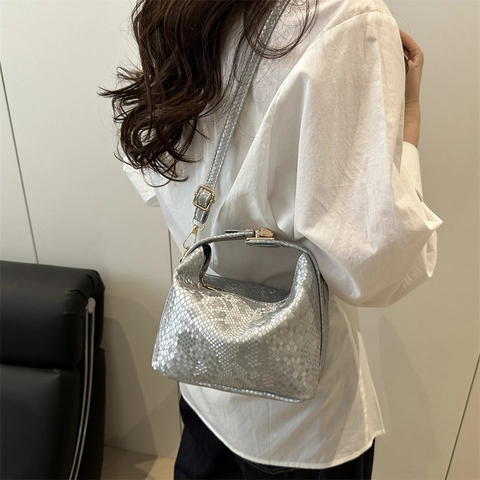 Women Fashion Snake Print PU Leather Crossbody Bag Small Pillow Handbag With Gold Hardware Adjustable Strap Daily Office