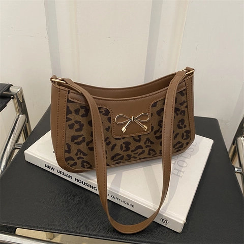 Vintage Leopardenmuster Achseltasche Für Damen PU Leder Schleife Dekor Schultertasche Französischer Stil Retro Mode Handtasche