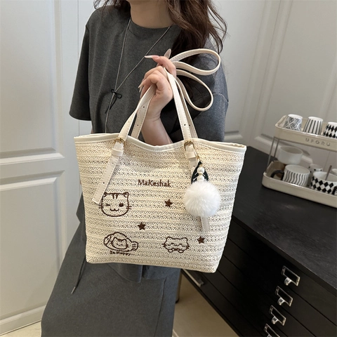 Women Casual Straw Woven Tote Bag Cartoon Cat Embroidery Large Capacity Handbag With Plush Ball Charm For Summer Beach Travel