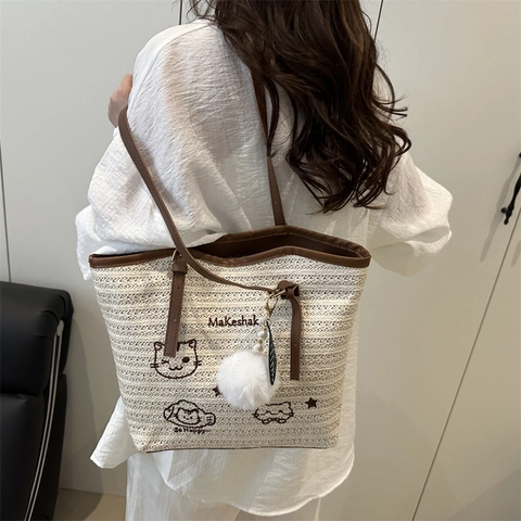 Women Casual Straw Woven Tote Bag Cartoon Cat Embroidery Large Capacity Handbag With Plush Ball Charm For Summer Beach Travel
