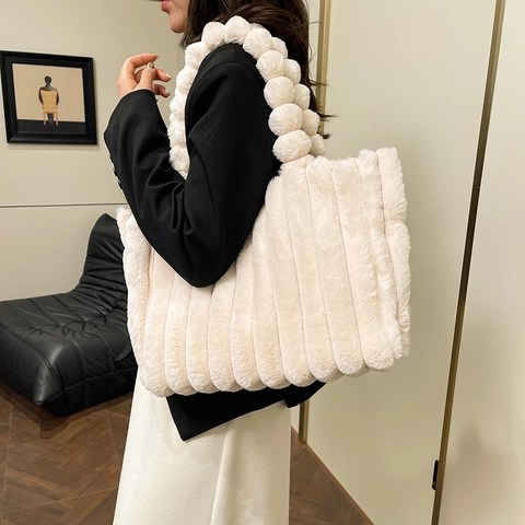 Women Faux Fur Plush Tote Bag Fashion Vertical Striped Handbag Soft Warm Pompom Handle Large Capacity Winter Shoulder Bag