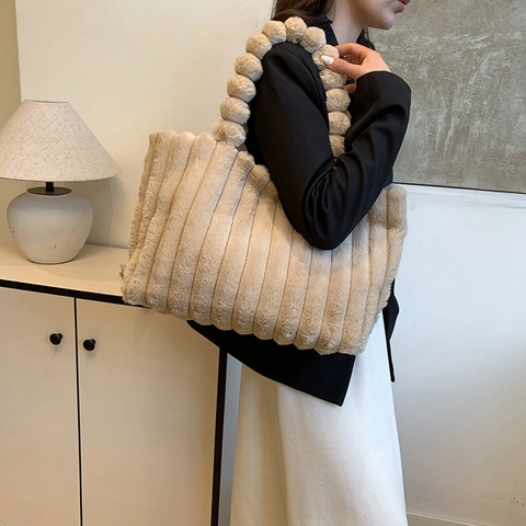 Women Faux Fur Plush Tote Bag Fashion Vertical Striped Handbag Soft Warm Pompom Handle Large Capacity Winter Shoulder Bag