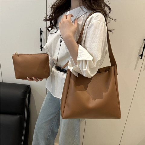 Minimalistisches PU Leder Tote Bag Set Große Kapazität Schultertasche Mit Kleiner Tasche Für Damen Täglich Pendeln Büro