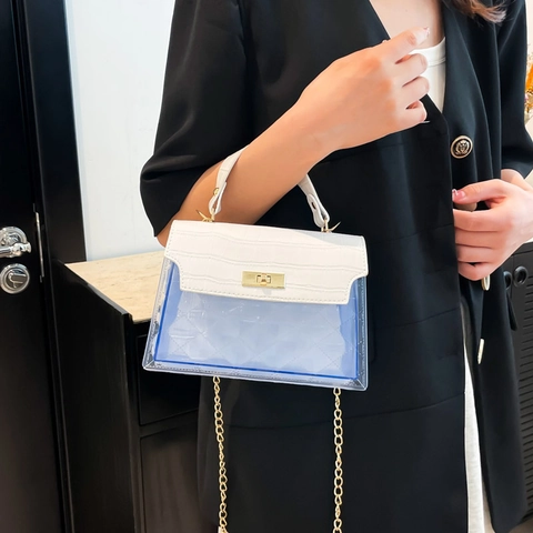 Sac Bandoulière Transparent Matelassé pour Femmes Motif Crocodile PU PVC Patchwork Sac à Main Mode Sac Carré Chaîne Dorée Sac Épaule