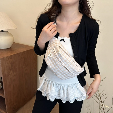 Borsa Da Petto A Quadri Da Donna Cotone Lino Gingham Tracolla Marsupio Ricamo Floreale Pizzo Retro Casual Spalla