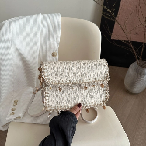Bohemian Straw Crossbody Bag For Women With Shell Decoration Woven Shoulder Bag Beach Vacation Small Square Bag Handbag