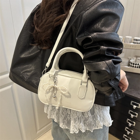Women Retro PU Leather Boston Shoulder Bag Glossy Texture Artificial Pearl Bow Heart Pendant Crossbody Bag Handbag For Daily