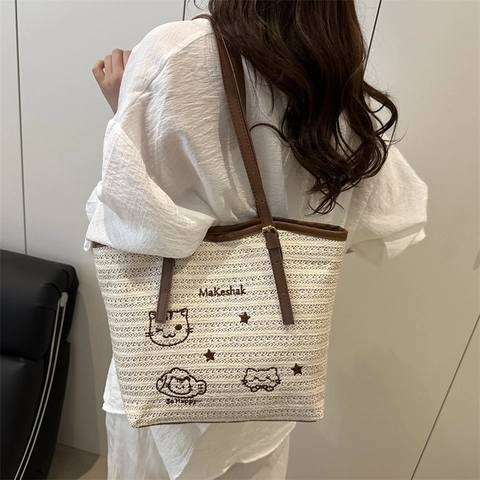 Women's Casual Large Capacity Woven Tote Bag Cartoon Cat Embroidery Straw Shoulder Bag With Fur Ball Charm For Summer Beach