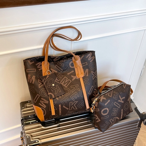 Ensemble Sac Cabas pour Femmes en Cuir PU Minimaliste Urbain Avec Imprimé Lettres Sous-Sac Monogramme Bandoulière Sac Hobo Grande Capacité Bureau Décontracté