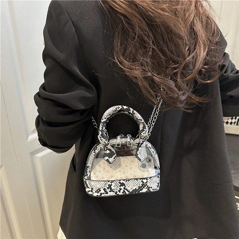 Borsa a Tracolla da Donna Mini Trasparente in PVC con Motivo a Serpente a Forma di Conchiglia con Catena Alla Moda