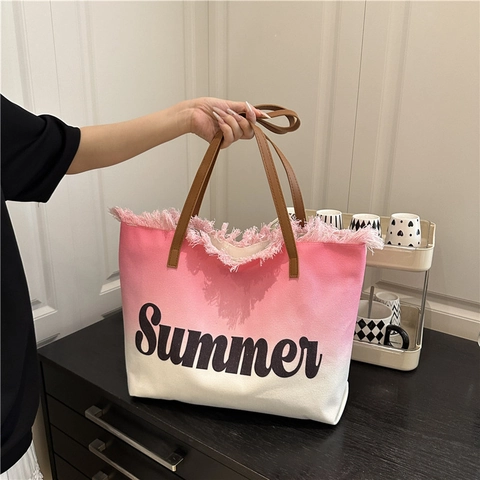 Damen Fashion Retro Sommer Farbverlauf Canvas Tragetasche Große Kapazität Casual Strand Reise Schultertasche Mit Fransenkante Buchstabendruck
