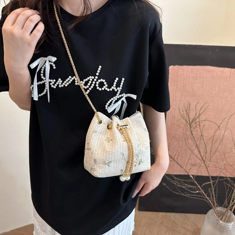 Damen Stroh Geflochten Beuteltasche Blumenstickerei Künstliche Perlen Kordelzug Umhängetasche Mit Goldener Kette Vintage Schultertasche